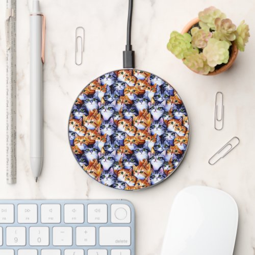 Cat faces collage print pattern gray ginger kitten wireless charger 