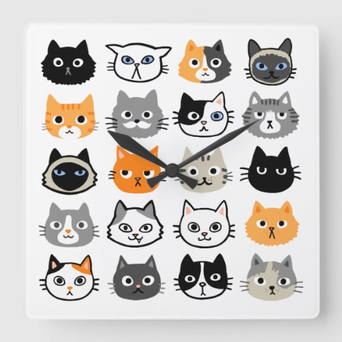 Cat Faces  Cute Funny and Annoyed Cats Square Wall Clock