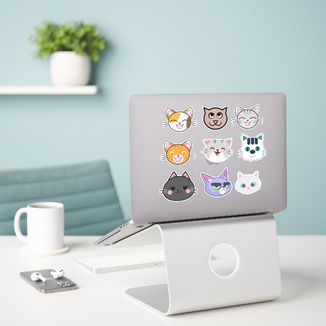 Cat Faces | Cute, Funny Cats Sticker (Laptop On Desk)