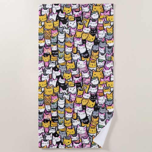 Cat faces cute kittie pets doodle pattern beach towel