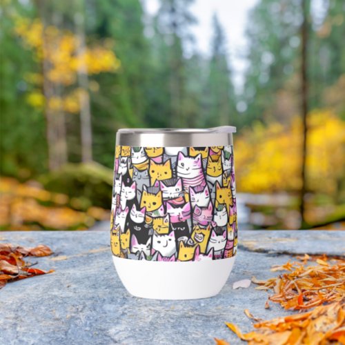 Cat faces cute kittie pets doodle pattern thermal wine tumbler