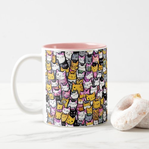 Cat faces cute kittie pets doodle pattern Two_Tone coffee mug