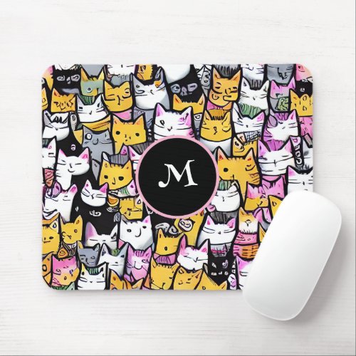 Cat faces doodle collag feline kitties monogram mouse pad