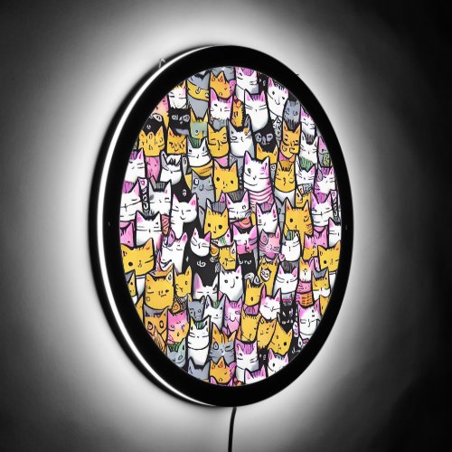 Cat faces doodle comic pattern cute pets collage LED sign