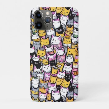 Cat Faces Doodle Comic Pattern Feline Kitties Cute Iphone 11 Pro Case by petcherishedangels at Zazzle