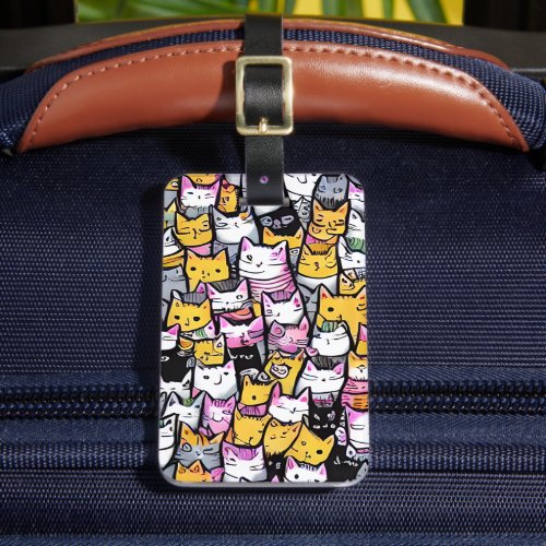 Cat faces doodle comic pattern feline kitties cute luggage tag