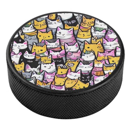 Cat faces doodle comic pattern feline kitties hockey puck