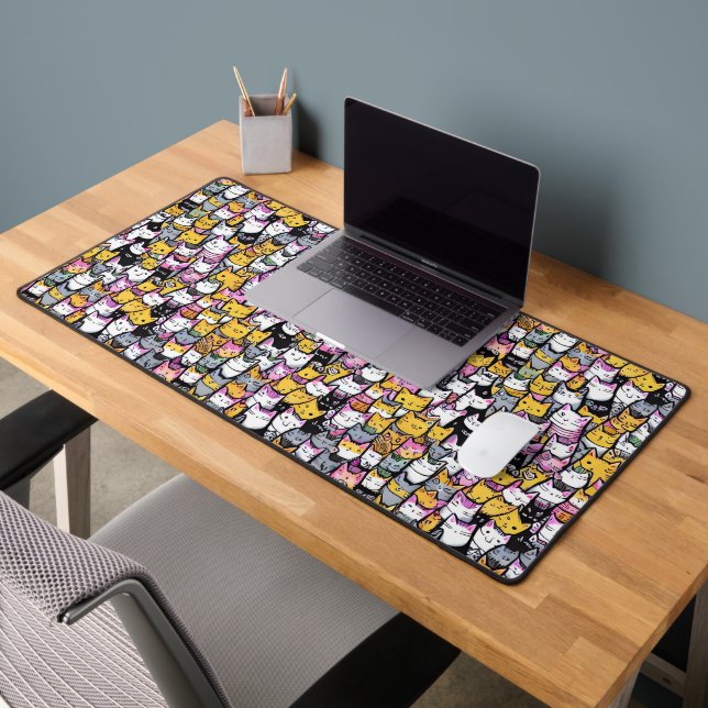 Cat faces doodle comic pattern feline pets pattern desk mat (Office 2)