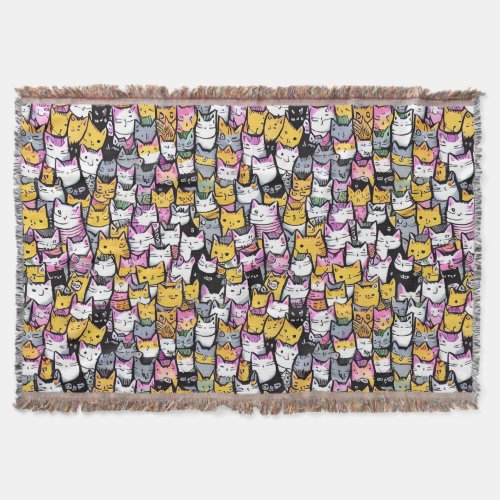 Cat faces doodle comic pattern pet collage pattern throw blanket