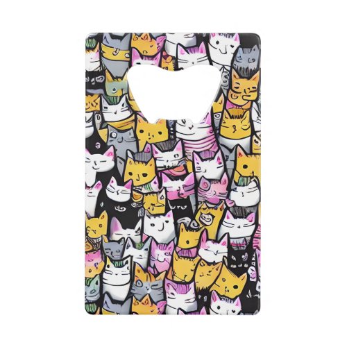 Cat faces doodle comic print pattern feline pets credit card bottle opener