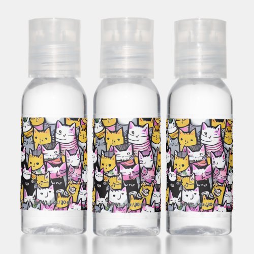 Cat faces doodle comic print pattern feline pets hand sanitizer