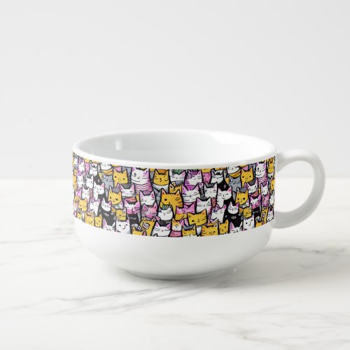 Cat faces doodle cute feline kitties pets pattern soup mug