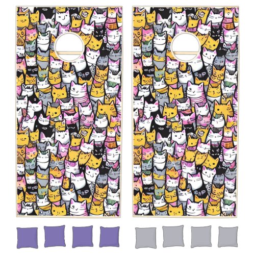Cat faces doodle feline pets animals pattern cornhole set