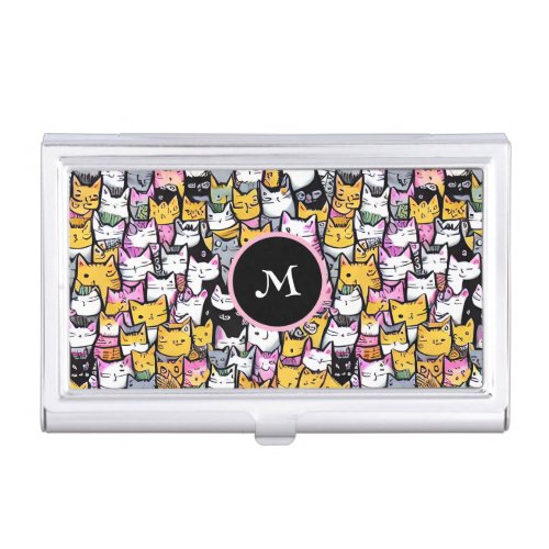 Cat faces doodle feline pets kitties monogram  business card case