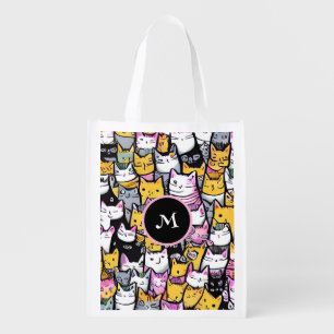 Cat faces doodle feline pets kitties monogram grocery bag