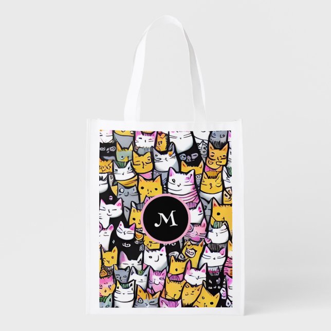 Cat faces doodle feline pets kitties monogram  grocery bag (Front)