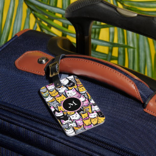 Cat faces doodle feline pets kitties monogram luggage tag