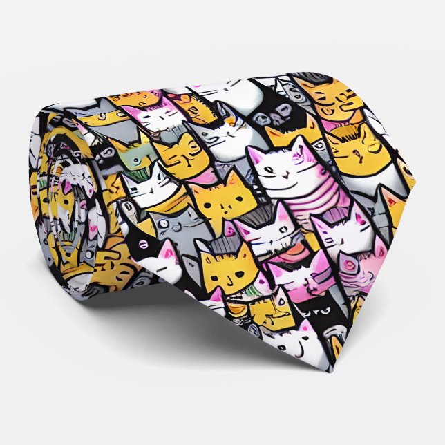 Cat faces doodle feline pets kitties monogram  neck tie (Rolled)