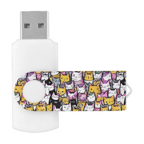 Cat faces doodle illustration print feline kitties flash drive