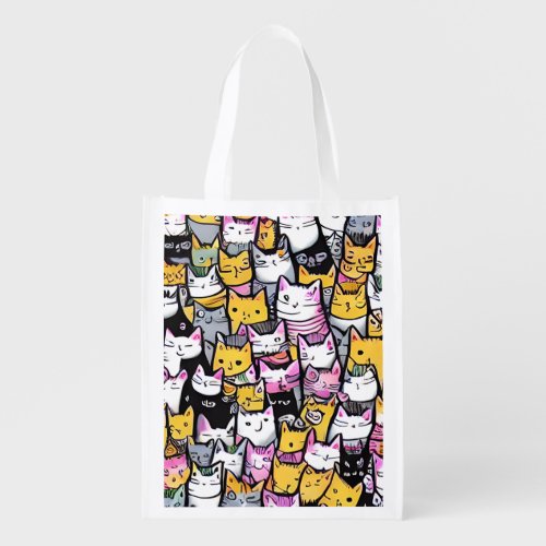 Cat faces doodle kitties modern pattern feline pet grocery bag