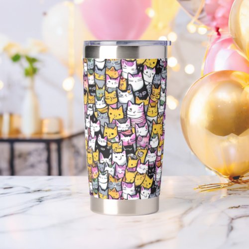 Cat faces doodle pattern comic kitties cute feline insulated tumbler