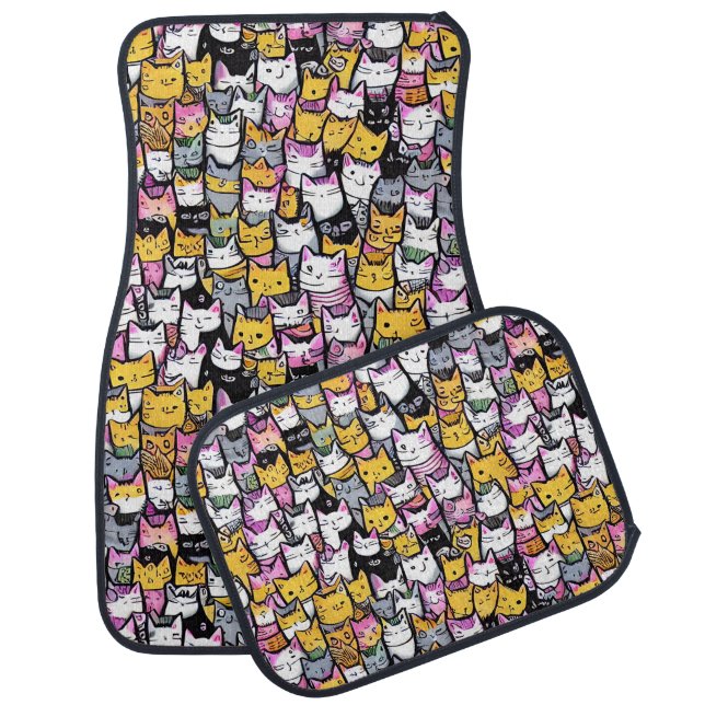 Cat faces doodle pattern cute feline pets print car floor mat (Set)