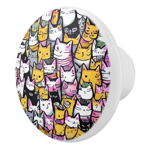 Cat faces doodle pattern feline pets monogram fun ceramic knob