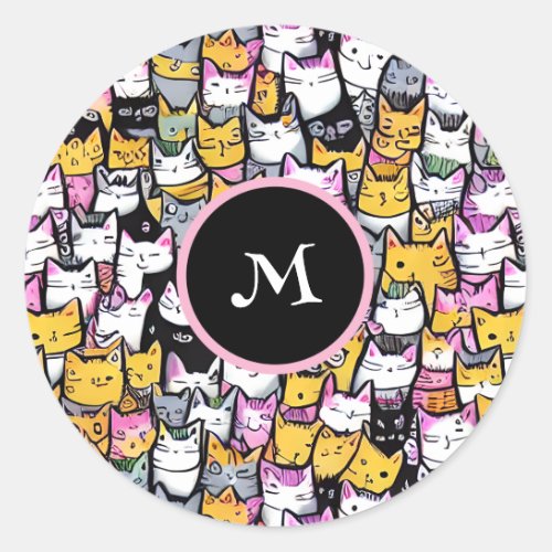 Cat faces doodle pattern feline pets monogram fun classic round sticker