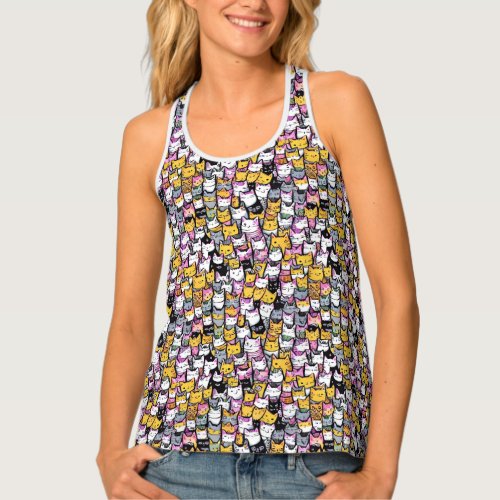 Cat faces doodle pattern pets kitties feline fun tank top