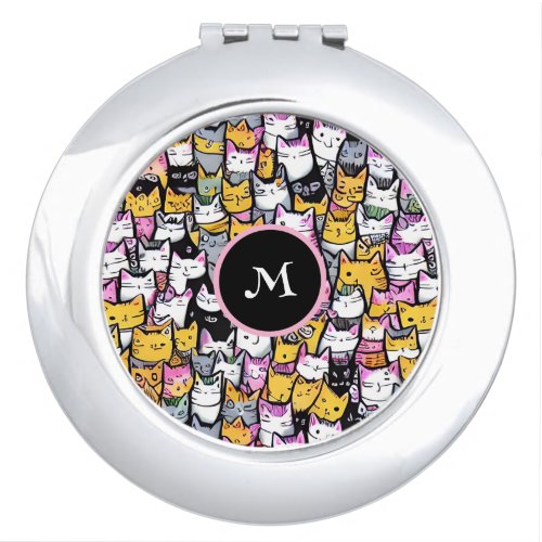 Cat faces doodle pattern pets kitties monogram fun compact mirror