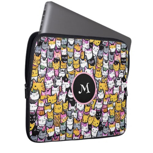 Cat faces doodle pattern pets kitties monogram fun laptop sleeve