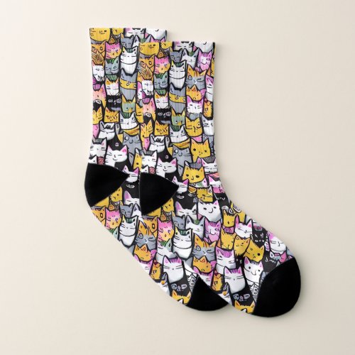 Cat faces doodle pattern pets kitties monogram fun socks