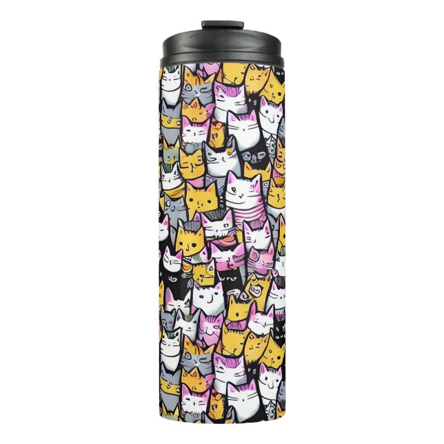 Cat faces doodle pattern print feline pet kittens thermal tumbler (Front)