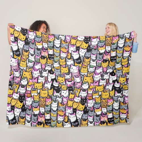 Cat faces doodle print collage comic feline pets fleece blanket