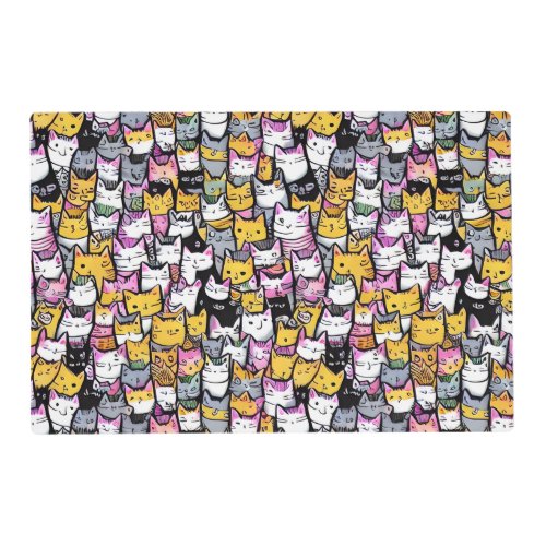 Cat faces doodle print collage cute kitties feline placemat