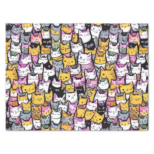Cat faces doodle print collage cute kitties feline tissue paper