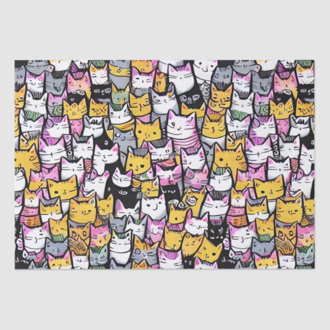 Cat faces doodle print collage cute kitties feline tissue paper (Front)