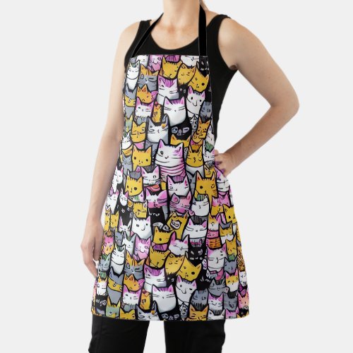 Cat faces doodle print collage feline pets pattern apron