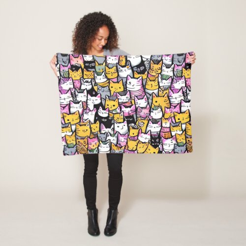 Cat faces doodle print collage fun pattern fleece blanket