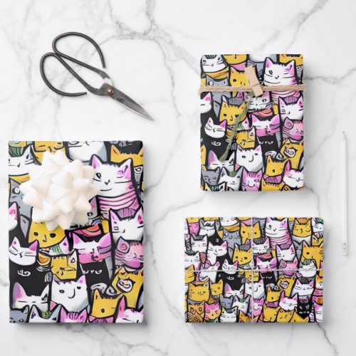 Cat faces doodle print collage fun pattern wrapping paper sheets