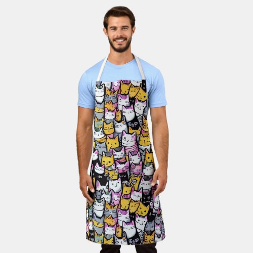 Cat faces doodle print collage kitties feline pets apron