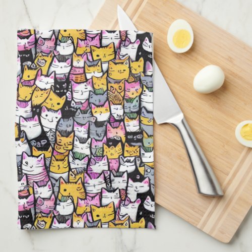 Cat faces doodle print collage kitties feline pets kitchen towel