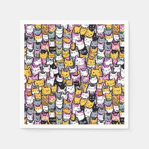 Cat faces doodle print collage kitties feline pets napkins