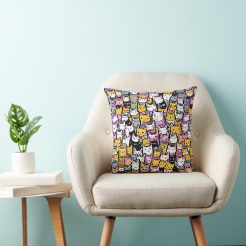Cat faces doodle print collage kitties pattern throw pillow