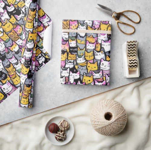 Cat faces doodle print collage kitties pattern wrapping paper
