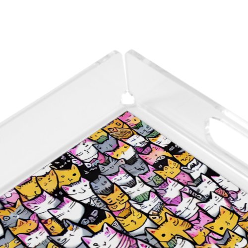 Cat faces doodle print pattern kitties feline pets acrylic tray