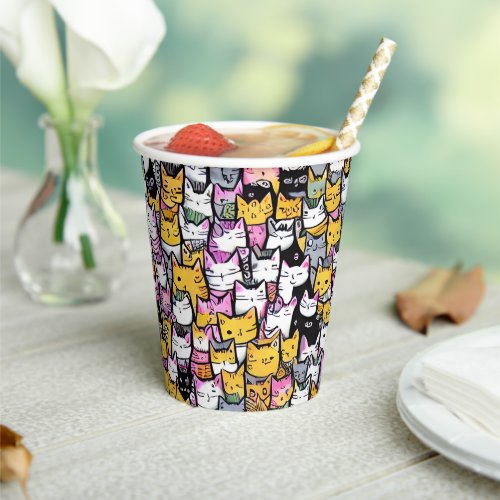 Cat faces doodle print pattern kitties feline pets paper cups