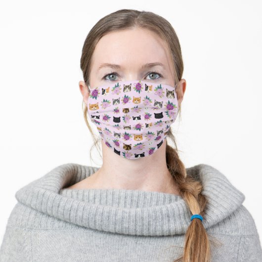 Cat faces lavender florals adult cloth face mask (Worn)