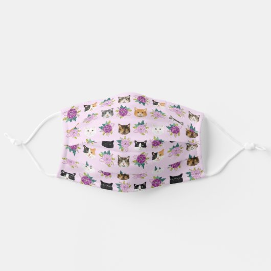 Cat faces lavender florals adult cloth face mask (Front, Unfolded)