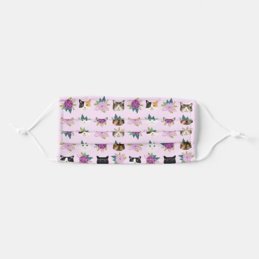 Cat faces lavender florals adult cloth face mask (Front, Folded)